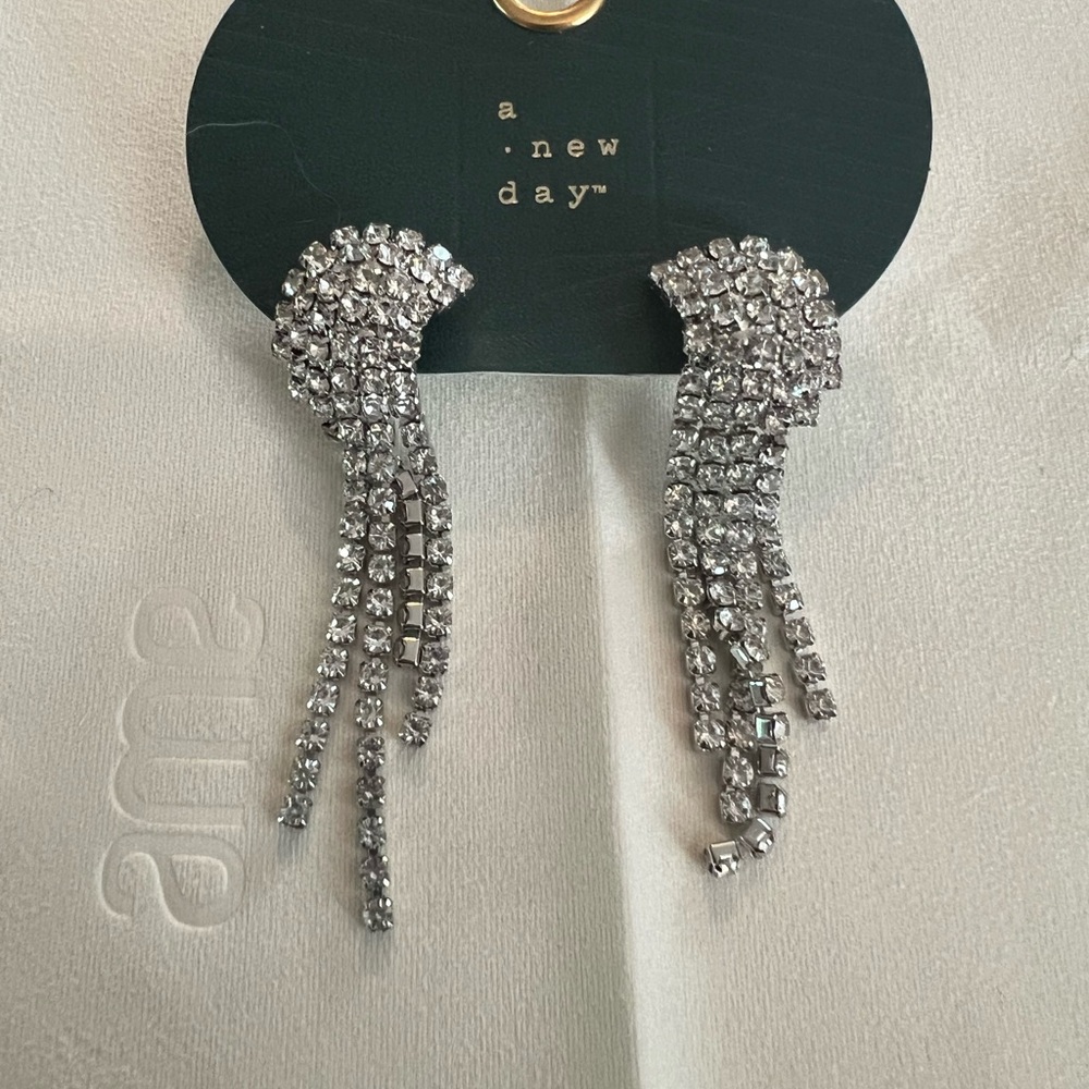 A New Day Silver Chandelier Earrings with Rhinestone Strands